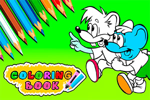 Kaksi piirroshahmoa vierekkäin vihreällä taustalla, ylänurkassa värikyniä ja alhaalla Coloring Book -teksti