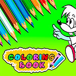 Kaksi piirroshahmoa vierekkäin vihreällä taustalla, ylänurkassa värikyniä ja alhaalla Coloring Book -teksti