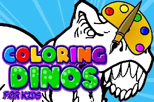 Värityskuva dinosauruksesta värikynän ja paletin kanssa sekä teksti Coloring Dinos for Kids