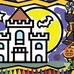 Värikäs piirros linna-aiheesta, jossa on täysikuu, tähtiä, lepakot ja halloween-teemaisia koristeita, kuten kurpitsa ja noita