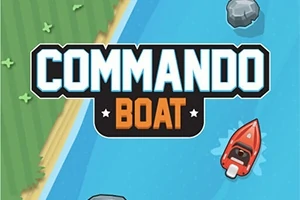 Punainen vene liikkuu sinisellä joella vihreän rannan ja kivien välillä, ja keskellä lukee Commando Boat