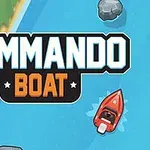 Punainen vene liikkuu sinisellä joella vihreän rannan ja kivien välillä, ja keskellä lukee Commando Boat