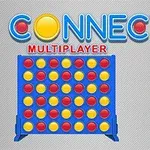 Sinisellä taustalla oleva ruudukko sisältää vuorotellen järjestettyjä punaisia ja keltaisia pelinappuloita, ja yläpuolella lukee MULTIPLAYER