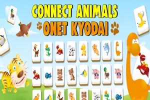 Värikkäitä piirroshahmoja, kuten tiikeri ja dinosaurus, sekä eläinlaattoja sinisellä taustalla