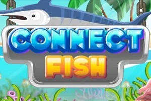 Haihahmo ja kirkkaanvärinen CONNECT FISH -teksti trooppisessa taustassa