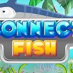 Haihahmo ja kirkkaanvärinen CONNECT FISH -teksti trooppisessa taustassa