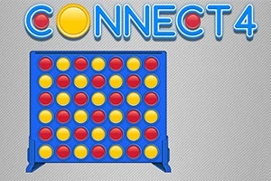 Sinisellä pelilaudalla on punaisia ja keltaisia pelinappuloita, ja yläpuolella on teksti CONNECT 4