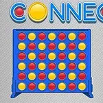 Sinisellä pelilaudalla on punaisia ja keltaisia pelinappuloita, ja yläpuolella on teksti CONNECT 4
