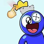 Sininen hahmo, jolla on nappisilmä ja avoin suu, katsoo ylöspäin kruunuun, jota osoittaa piirretty käden sormi