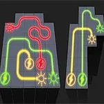 Värikkäitä, erivärisiä ja erimuotoisia sähkölinjoja kulkee kolmenmuotoisella harmaalla alustalla, joissa on energiasymboleita