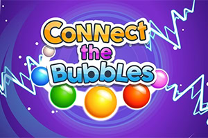 Värikäs Connect the Bubbles -teksti kuplien ja siksak-salamaviivojen ympäröimänä violetilla taustalla