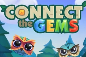 Kuvassa on värikäs Connect the Gems -pelaamisen logo, jossa on kaksi sarjakuvamaista pöllöä ja taustalla metsää