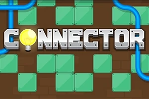 Kuvassa on teksti Connector, jossa kirjaimissa on lamppu ja taustalla vihreitä laattoja ja sinisiä putkia
