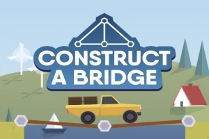 Keltainen kuorma-auto ajaa puusillalla, taustalla on vihreää maastoa, talo, tuulimyllyjä ja logo, jossa lukee CONSTRUCT A BRIDGE