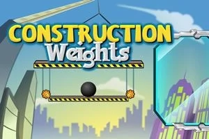 Taustalla pilvet ja kaupungin siluetti sekä edessä roikkuva taso, jossa paino, ja teksti Construction Weights