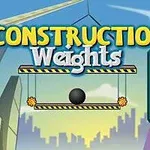 Taustalla pilvet ja kaupungin siluetti sekä edessä roikkuva taso, jossa paino, ja teksti Construction Weights