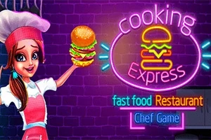 Nuori nainen kokin asussa pitelee hampurilaista kirkkaan värikkään neonvalokyltin edessä, jossa lukee cooking express