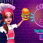 Nuori nainen kokin asussa pitelee hampurilaista kirkkaan värikkään neonvalokyltin edessä, jossa lukee cooking express