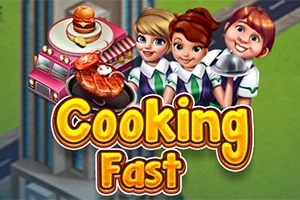 Kolme piirrettyä hahmoa keittiöasuissa, ruokarekka hampurilaisella ja pihvillä, sekä teksti Cooking Fast