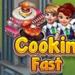 Kolme piirrettyä hahmoa keittiöasuissa, ruokarekka hampurilaisella ja pihvillä, sekä teksti Cooking Fast