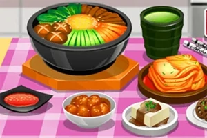 Erilaisia japanilaisia ruokia aseteltuna pöydälle, mukaan lukien kulhossa oleva ateria, teekuppi ja kimchi