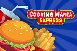 Hampurilainen, ranskalaiset perunat ja juoma sinisellä taustalla, jossa on teksti Cooking Mania Express