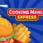 Hampurilainen, ranskalaiset perunat ja juoma sinisellä taustalla, jossa on teksti Cooking Mania Express