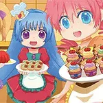 Kolme iloista anime-hahmoa keittiössä, jokaisella on värikkäitä leivonnaisia käsissään