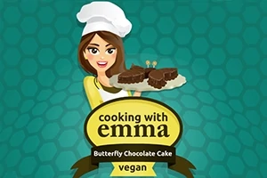 Piirroshahmo naisesta kokkihatussa, joka pitää tarjotinta, jolla on perhosen muotoisia suklaakakkuja, taustalla sininen kuvio ja tekstinä cooking with emma - Butterfly Chocolate Cake - vegan