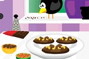 Mustaan lintuun köökissä liittyvä piirros, jossa on suklaakeksejä, suklaalevy, raastinrauta ja purkillinen pähkinöitä pöydällä