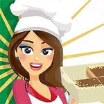 Nainen kokkihatussa esittelee leivonnaista Italiassa, punavihreän taustan edessä