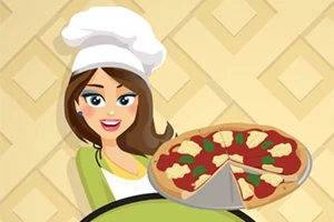 Nainen kokinhatussa pitää esillä pizzaa vihreällä taustalla