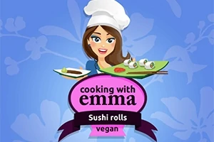 Nainen kokinhatussa ja sinisessä paidassa pitää tarjotinta, jolla on sushiannos, sinisellä kukkataustalla, ja alhaalla lukee Cooking with Emma Sushi rolls vegan