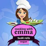 Nainen kokinhatussa ja sinisessä paidassa pitää tarjotinta, jolla on sushiannos, sinisellä kukkataustalla, ja alhaalla lukee Cooking with Emma Sushi rolls vegan
