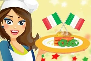 Piirretty nainen kokin hatussa hymyilee ja pitelee lautasta, jolla on lasagnea ja kaksi Italian lippua
