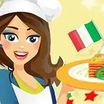 Piirretty nainen kokin hatussa hymyilee ja pitelee lautasta, jolla on lasagnea ja kaksi Italian lippua