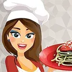Nainen kokinhatussa hymyilee ja pitelee punaista lautasta, jolla on spagettia ja sydämenmuotoinen kastike