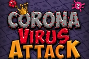 Koristeellisella taustalla on teksti CORONA VIRUS ATTACK kirkkain, värikkäin kirjaimin, jonka ympärillä on pieniä viruksen muotoisia hahmoja