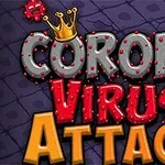 Koristeellisella taustalla on teksti CORONA VIRUS ATTACK kirkkain, värikkäin kirjaimin, jonka ympärillä on pieniä viruksen muotoisia hahmoja