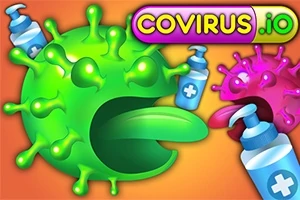 Vihreä virus syömässä desinfiointiainepulloa oranssilla taustalla, vieressä vaaleanpunainen virus
