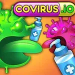 Vihreä virus syömässä desinfiointiainepulloa oranssilla taustalla, vieressä vaaleanpunainen virus