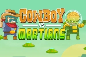 Vihreällä taustalla cowboy ja marsilainen vastakkain, välissä teksti Cowboy vs Martians