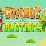Vihreällä taustalla cowboy ja marsilainen vastakkain, välissä teksti Cowboy vs Martians