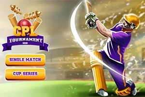 Kriketinpelaaja purppurassa asussa lyömässä palloa kirkkaassa valossa, vasemmalla turnauksen logo ja painikkeet Single Match ja Cup Series