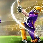 Kriketinpelaaja purppurassa asussa lyömässä palloa kirkkaassa valossa, vasemmalla turnauksen logo ja painikkeet Single Match ja Cup Series