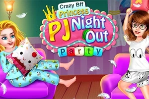 Kaksi tyttöä istuu iloisesti värikkäissä pyjamissa, ympärillä lentää höyheniä ja keskellä on iso värikäs logo