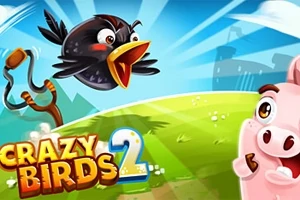 Mustassa lintu lentää ritsasta kohti vaaleanpunaista possua vihreällä niityllä sinisen taivaan alla, tekstinä Crazy Birds 2