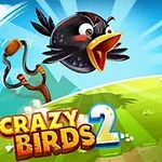 Mustassa lintu lentää ritsasta kohti vaaleanpunaista possua vihreällä niityllä sinisen taivaan alla, tekstinä Crazy Birds 2