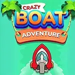 Värikäs veneen kuva keskellä vihreää taustaa, jossa on palmuja ja teksti Crazy Boat Adventure