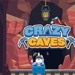 Kaivoskäytävän suuaukolla seisova hahmo, jonka yläpuolella lukee teksti CRAZY CAVES värikkäällä fontilla